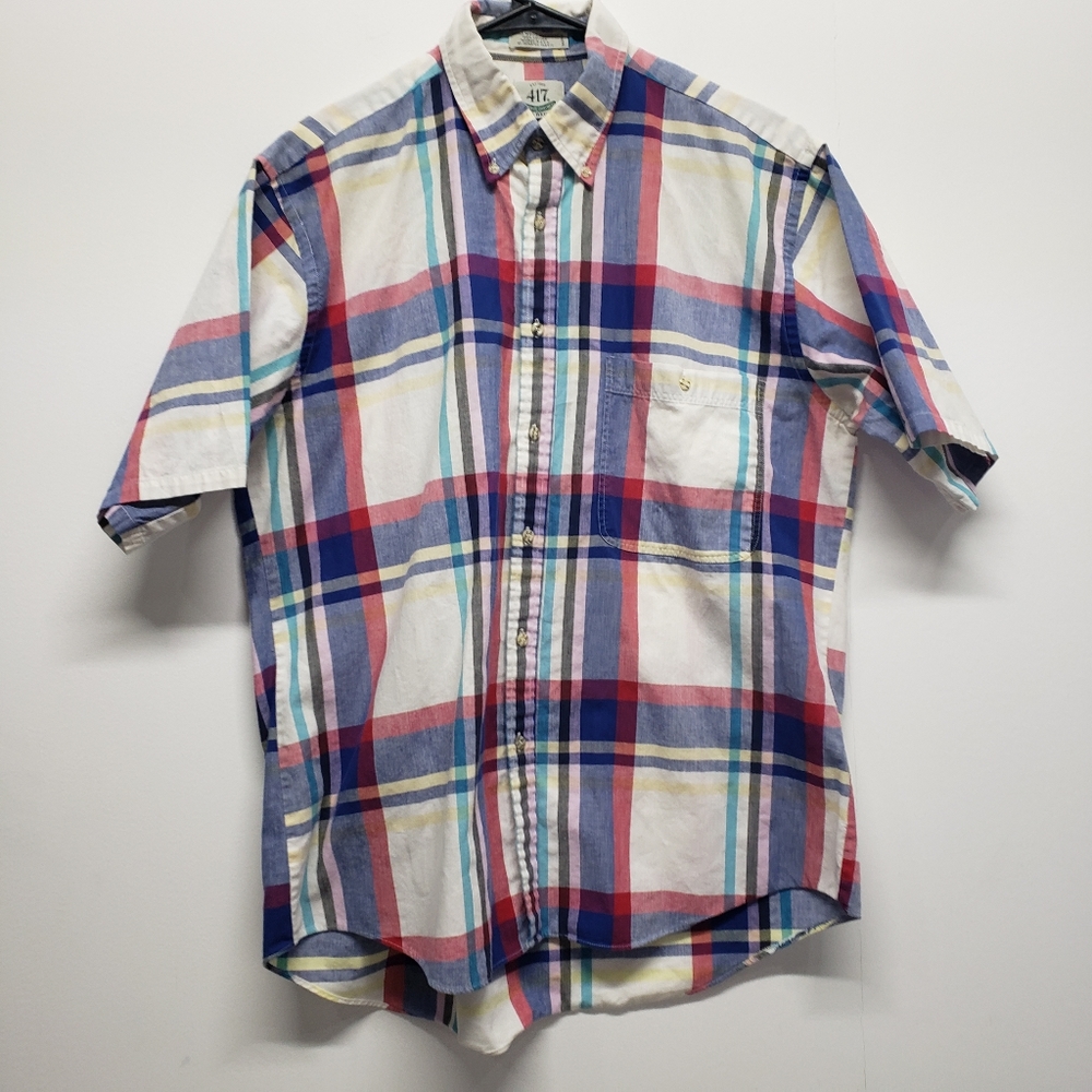 417 by Van Heusen Mens Plaid Shirt SS Button Down Size L Multicolor Cotton